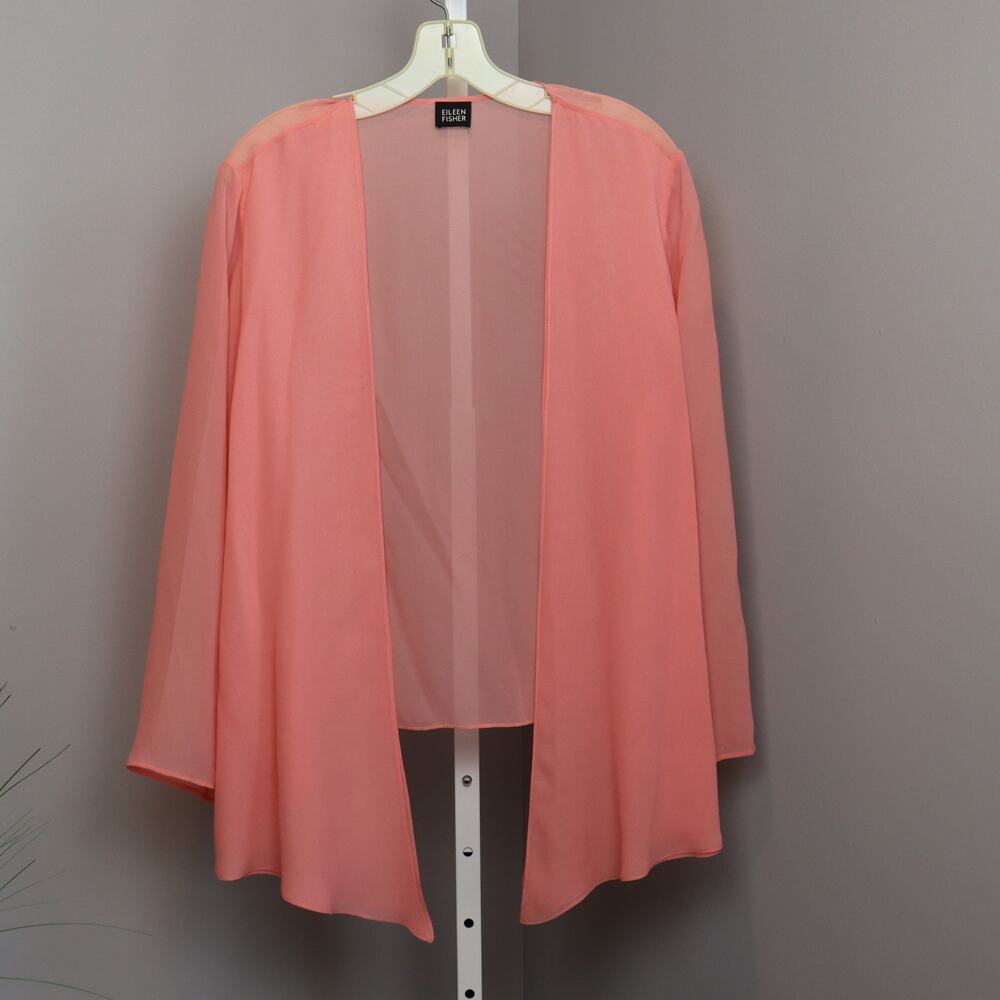 Eileen Fisher Coral Silk Open Cardigan L Sheer